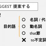 『suggest(=提案する)』の目的語に「to不定詞・動名詞・that節」は使えるか?